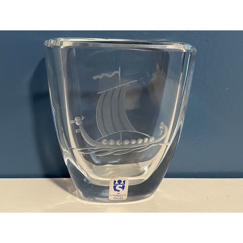 Stromberg Etched Viking Boat Art Glass Vase Signed and Numbered 3x3” Small